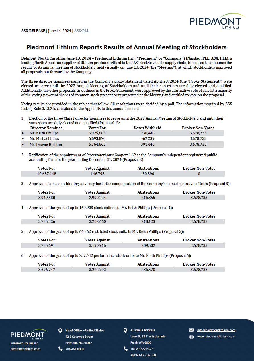 image of Press Release -Piedmont Lithium Reports Results of Annual Meeting of Stockholders