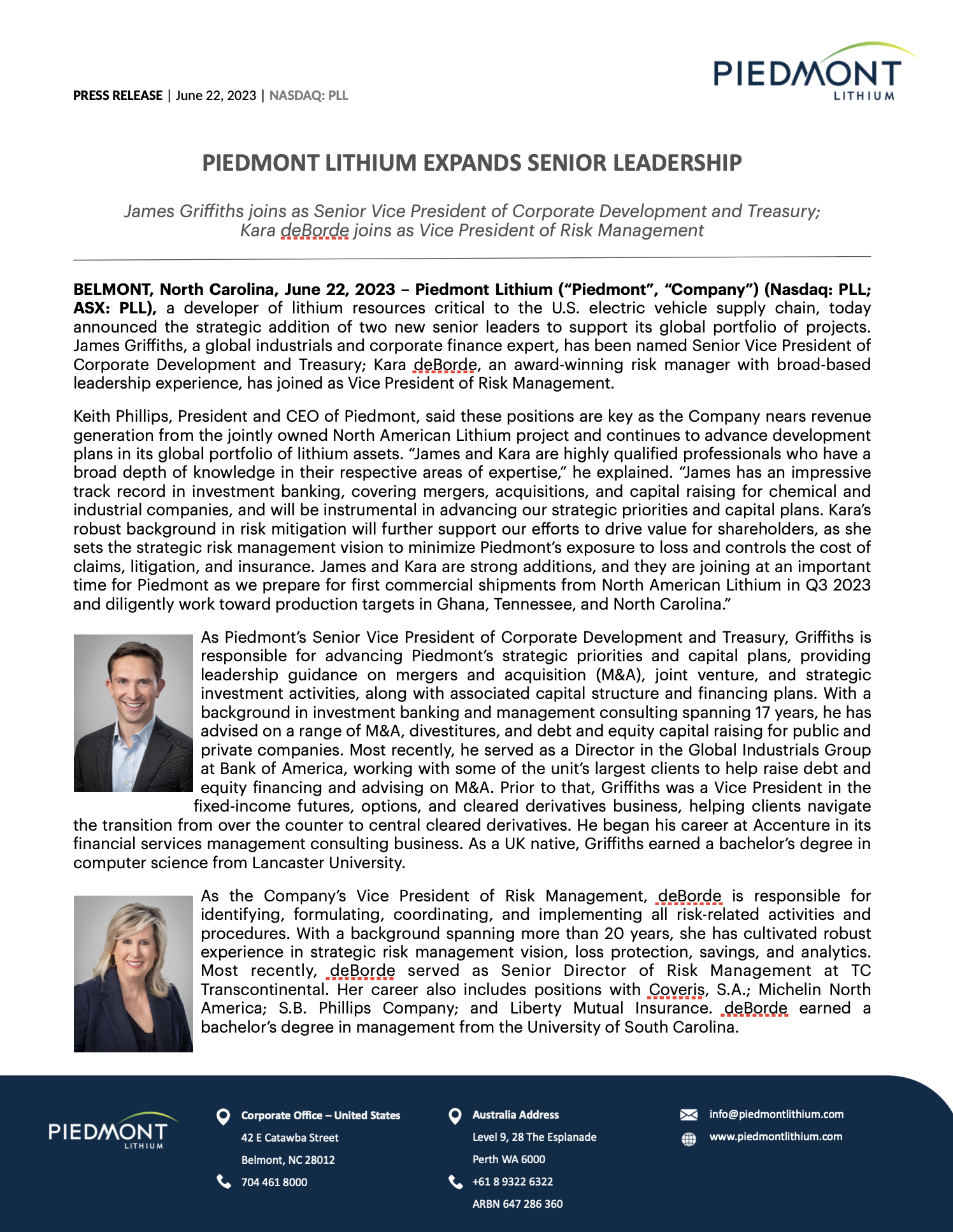 Piedmont Lithium Expands Senior Leadership