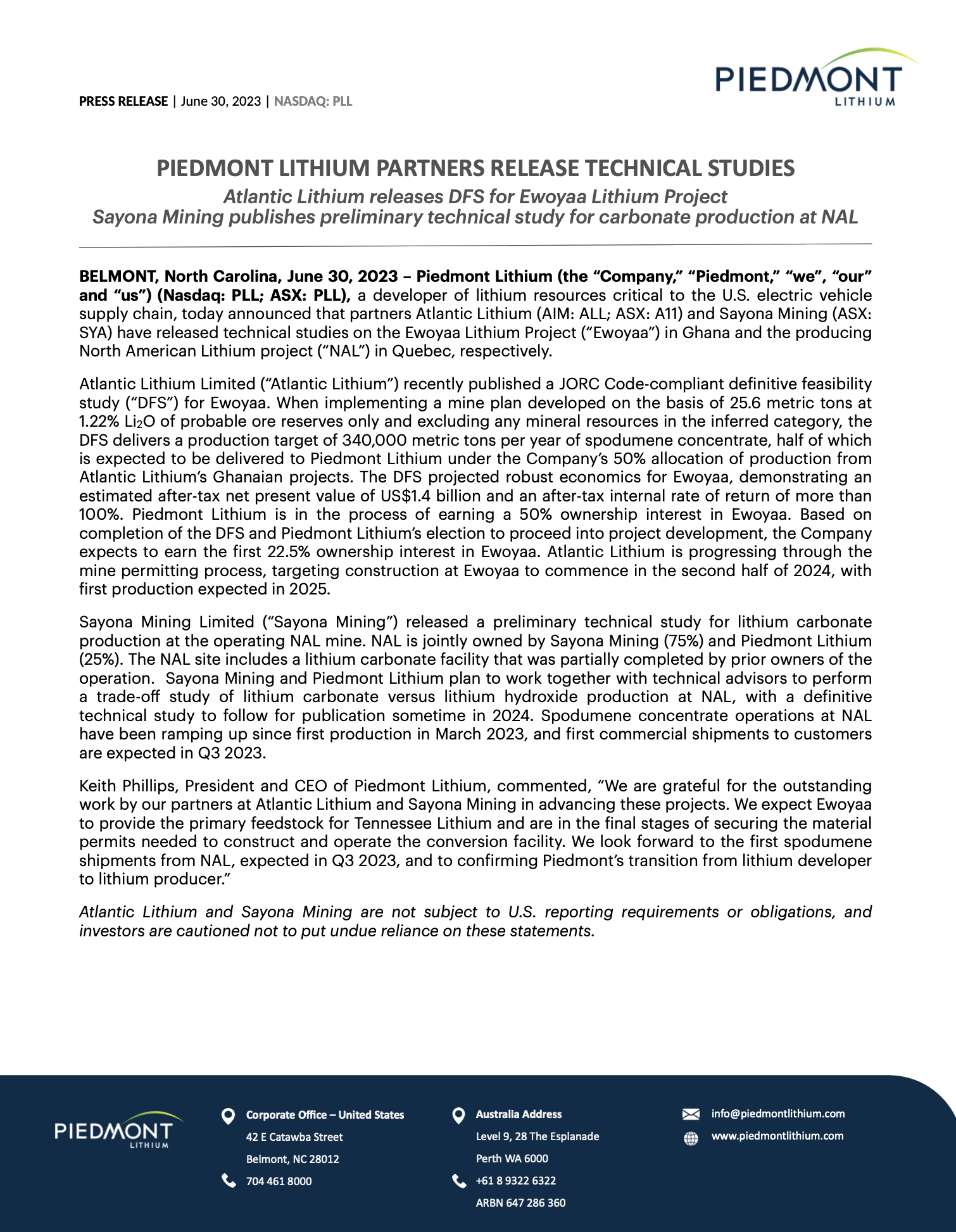 PIEDMONT LITHIUM PARTNERS RELEASE TECNICAL STUDIES