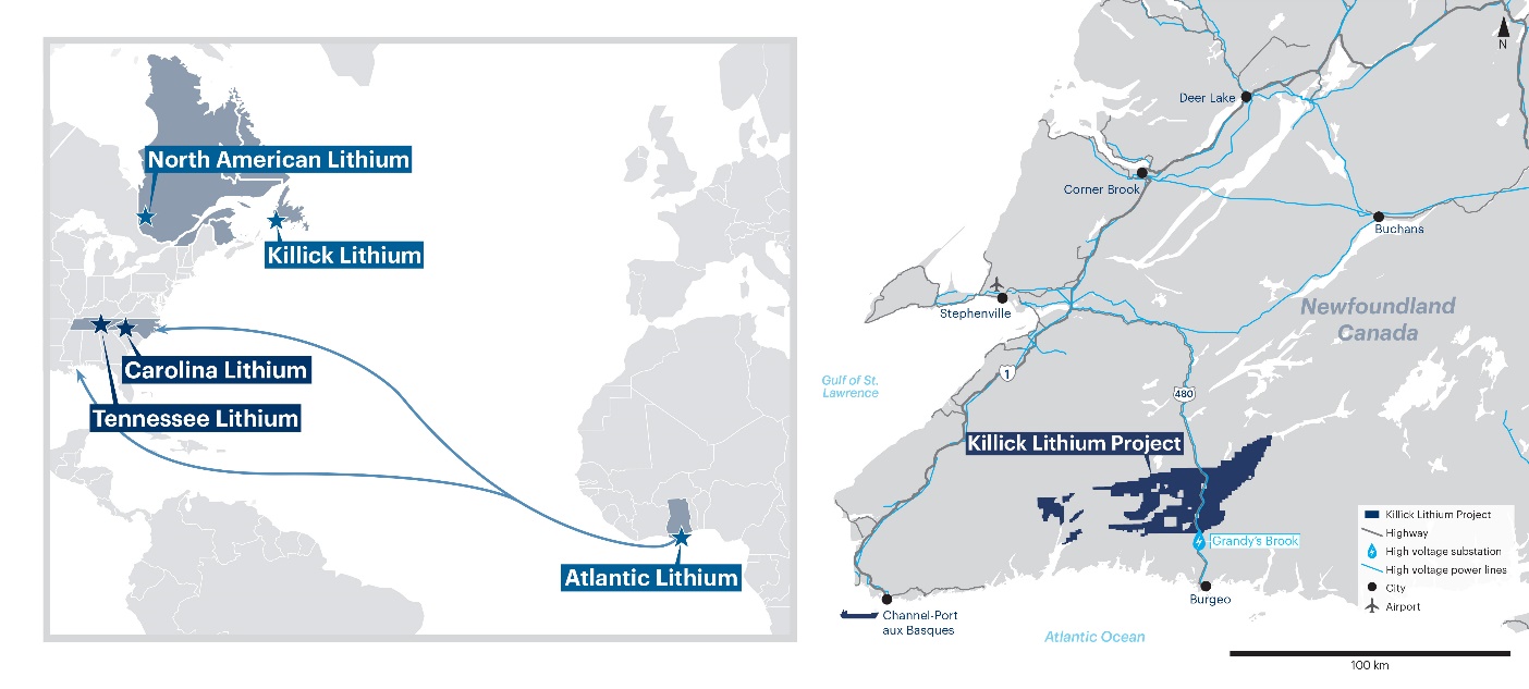 Map graphics showing 2 different maps. The 1st map shows the global portfolio of Piedmont Lithium.

The 2nd maps shows the location of the Killick Lithium Project in Newfoundland.